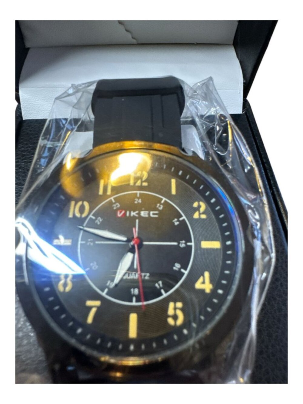 Vikec Men's Black Quartz Analog Watch with Yellow Numerals Silicone Strap & Gift